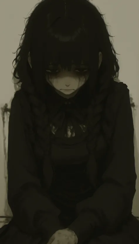 profile、dark hair、braids、Photo of a very beautiful woman with pigtails and a nice black dress, sad expression , 不機嫌でsad expression , emotional sad painting , Tired and worried look, Portrait of a depressed girl, Sadness Incarnate , Preparing for, Mel...