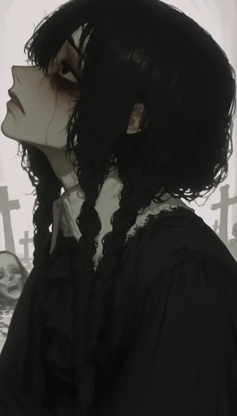 profile、dark hair、braids、Picture of a very beautiful and ephemeral woman with pigtails and a nice black dress, sad expression , 不機嫌でsad expression , emotional sad painting , Tired and worried look, Portrait of a depressed girl, Sadness Incarnate , Pre...