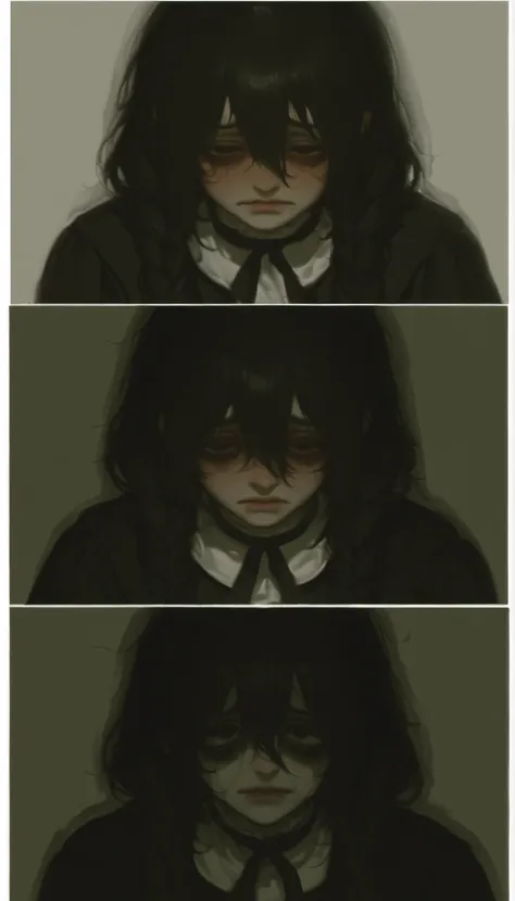 profile、dark hair、braids、Picture of a very beautiful and ephemeral woman with pigtails and a nice black dress, sad expression , 不機嫌でsad expression , emotional sad painting , Tired and worried look, Portrait of a depressed girl, Sadness Incarnate , Pre...
