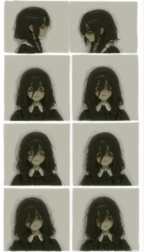 profile、dark hair、braids、Picture of a very beautiful and ephemeral woman with pigtails and a nice black dress, sad expression , honest、Clear、不機嫌でsad expression , emotional sad painting , Tired and worried look, Portrait of a depressed girl, Sadness Inc...