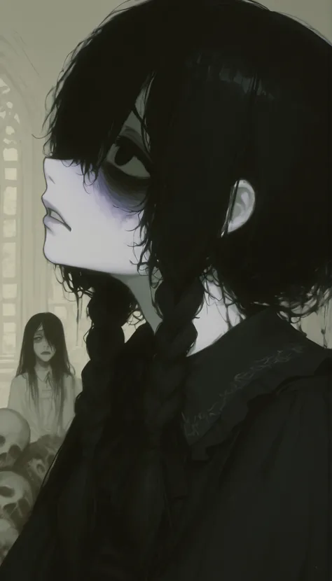 profile、dark hair、braids、Picture of a very beautiful and ephemeral woman with pigtails and a nice black dress, white skin、 Slim、sad expression , honest、Clear、 emotional sad painting , Tired and worried look, Portrait of a depressed girl, Sadness Incarna...