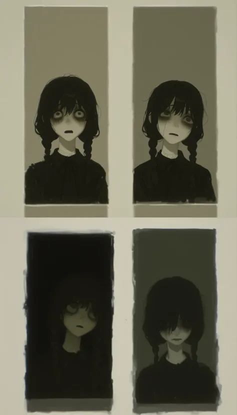 profile、dark hair、braids、Picture of a very beautiful and ephemeral woman with pigtails and a nice black dress, white skin、 Slim、sad expression , honest、Clear、 emotional sad painting , Tired and worried look, Portrait of a depressed girl, Sadness Incarna...