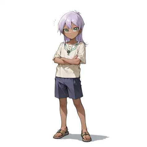 (male), (child boy), (slim body), (dark skin), (light purple hair), (short straight hairstyle with bangs), (green eyes), (curious expression), (solo), (single character), (full body version), (white background), (no background), (highly detailed), (shadow)...