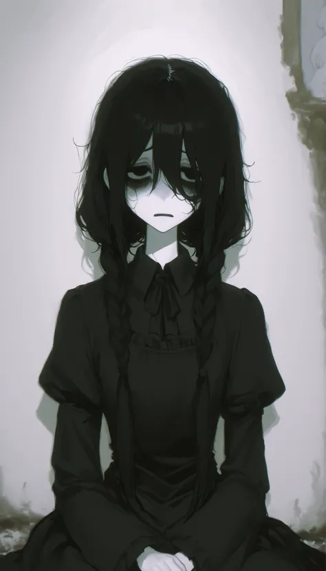 profile、dark hair、braids、Picture of a very beautiful and ephemeral woman with pigtails and a nice black dress, white skin、 Slim、sad expression , honest、Clear、 emotional sad painting , Tired and worried look, Portrait of a depressed girl, Sadness Incarna...