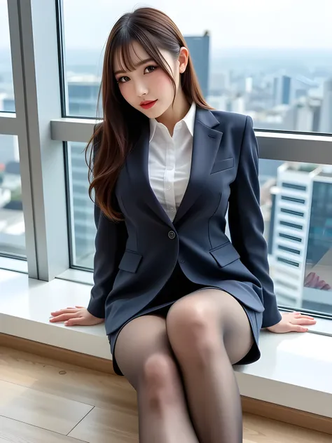 masterpiece, Bokeh, (beautiful faces), (fine face), (perfect hands), (Japanese idol: 1.6), (Business Suit: 1.3), (Super Realistic Pantyhose: 1.3), (sitting on the top floor of the tower: 1.3), (High-rise apartment balcony: 1.3), (Blush: 1.3), high heels, (...