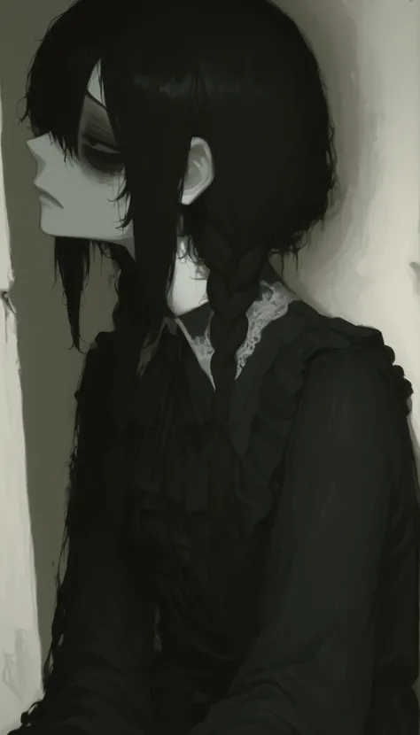 profile、dark hair、braids、Picture of a very beautiful and ephemeral woman with pigtails and a nice black dress, white skin、 Slim、sad expression , honest、Clear、 emotional sad painting , Tired and worried look, Portrait of a depressed girl, Sadness Incarna...