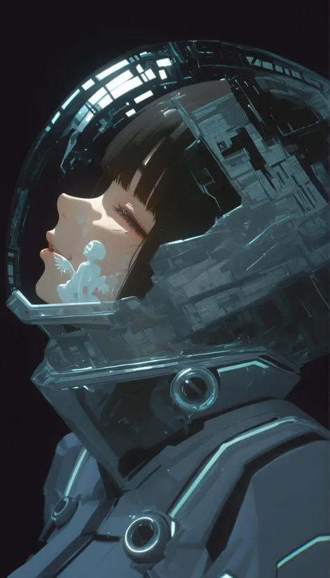 profile、Graphic Design,,blank, 1 Color Glass Clear 3D Portrait Sculpture,Rough surface finish , Facial Luminescence Line ,simple, Minimalism , Beautiful Japanese high school girl, The expression being tickled、tickling expression、with matching bangs、dark ha...