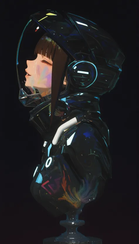 profile、Graphic Design,,blank, 1 Color Glass Clear 3D Portrait Sculpture,Rough surface finish , Facial Luminescence Line ,simple, Minimalism , Beautiful Japanese high school girl, The expression being tickled、tickling expression、with matching bangs、dark ha...