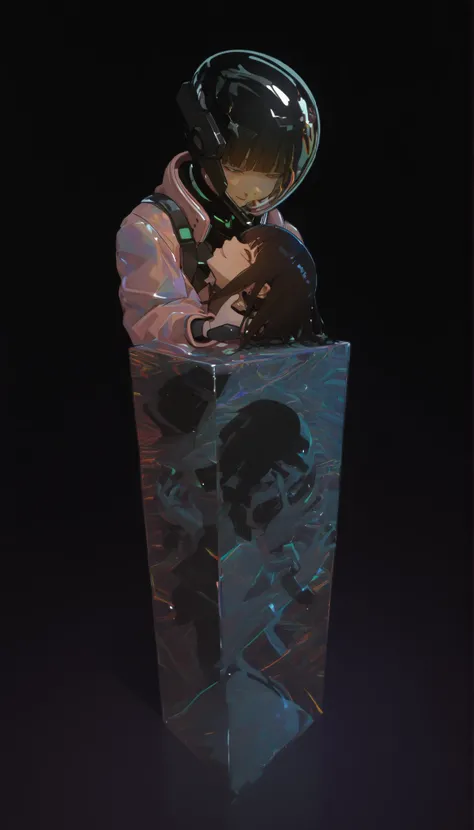 profile、Graphic Design,,blank, 1 Color Glass Clear 3D Portrait Sculpture,Rough surface finish , Facial Luminescence Line ,simple, Minimalism , Beautiful Japanese high school girl, The expression being tickled、tickling expression、with matching bangs、dark ha...