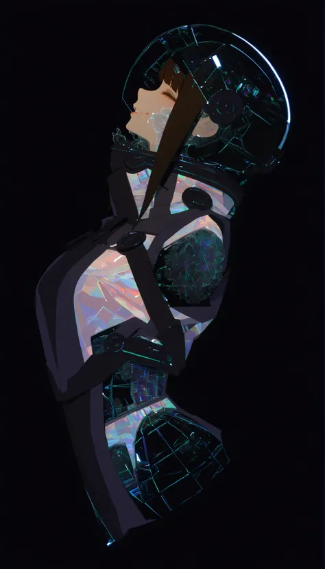 profile、Graphic Design,,blank, 1 Color Glass Clear 3D Portrait Sculpture,Rough surface finish , Facial Luminescence Line ,simple, Minimalism , Beautiful Japanese high school girl, The expression being tickled、tickling expression、with matching bangs、dark ha...