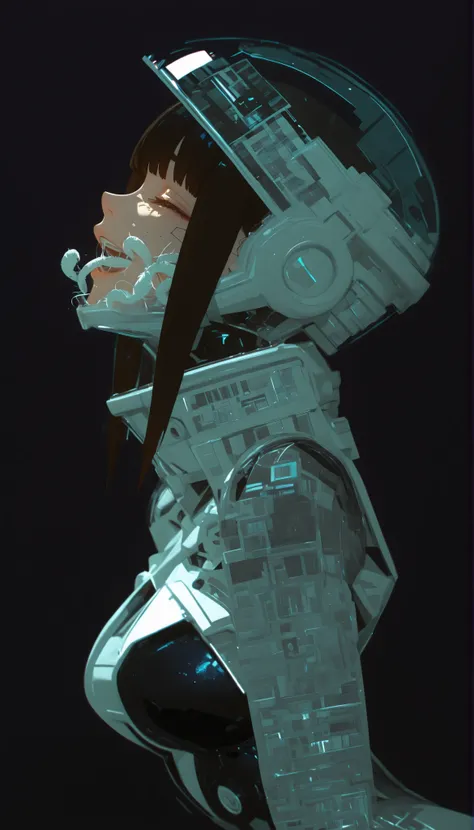 profile、Graphic Design,,blank, 1 Color Glass Clear 3D Portrait Sculpture,Rough surface finish , Facial Luminescence Line ,simple, Minimalism , Beautiful Japanese high school girl, The expression being tickled、tickling expression、with matching bangs、dark ha...