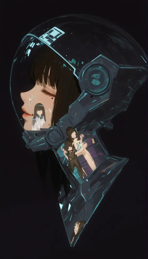 profile、Graphic Design,,blank, 1 Color Glass Clear 3D Portrait Sculpture,Rough surface finish , Facial Luminescence Line ,simple, Minimalism , Beautiful Japanese high school girl, The expression being tickled、tickling expression、with matching bangs、dark ha...