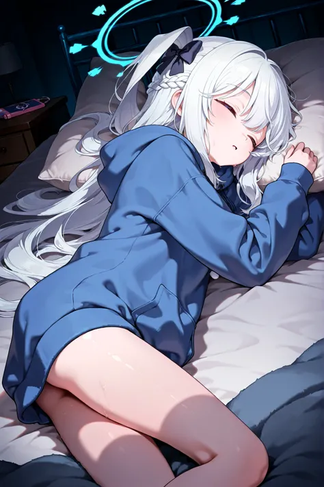 (1 girl),miyako-hoodie,miyako \(blue archive\),loli,purple eyes, white hair,long hair,one side up,halo, blue hoodie,in dark room,sleeping in bed,closed eyes,masterpiece,Highest Quality,Very Detailed,Ultra High Definition,8k,4k,simple back ground,