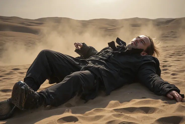 Cinematic wide shot of a western desert at dawn, a lifeless body partially covered by a black coat lies in the sand, wind blowing dust, cold golden light, highly realistic lighting, 16:9