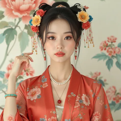 Perfect hand,This graceful image depicts a woman wearing traditional Oriental and Asian costumes、She wears a loose robe with a delicate floral pattern on the crimson earrings A turquoise bracelet and pearl necklace are displayed、Her hair is carefully arran...