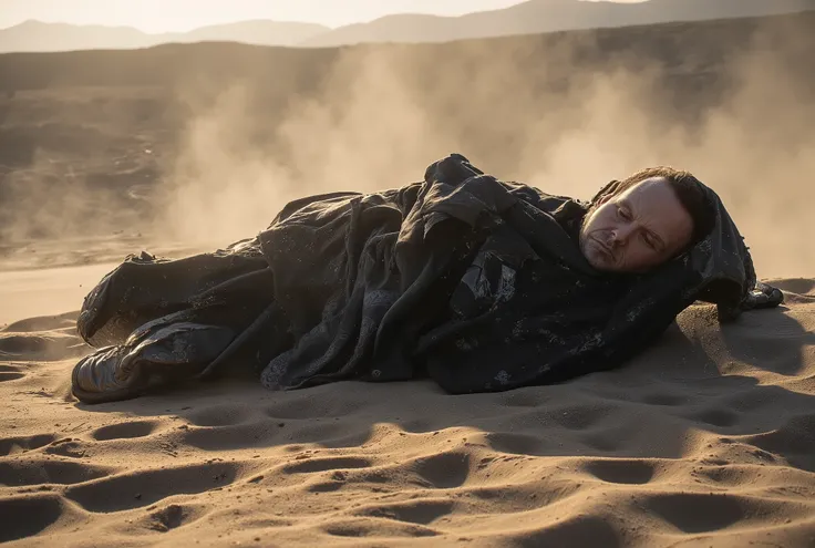 Cinematic wide shot of a western desert at dawn, a lifeless body partially covered by a black coat lies in the sand, wind blowing dust, cold golden light, highly realistic lighting, 16:9