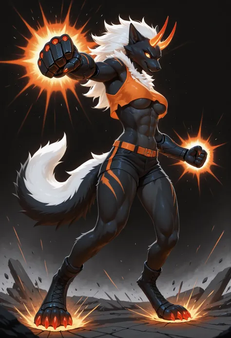 sharrax, ((((anthro)))), ((female)), straight glowing horns,red glowing claws, pitch black body fur, luminous white mane, luminous white-black tail,abstract painting, jet black background , 8K resolution, High detail, Realistic fur texture, fighter, standi...