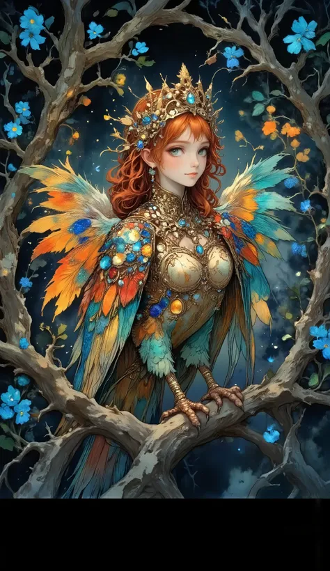 
The bird girl.The composition is dominated by a stunning, airy mythical figure balancing on a branch of a weathered tree. It's a fabulous hybrid of a girl and a bird, the body of a bird.Beautiful wings instead of arms, the head of a beautiful girl. This f...