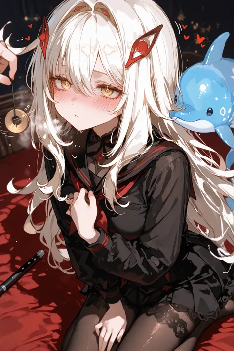 
( photo quality 8K. supersharp images. detailed . gloss seven. )
a girl, ronova (genshin impact), golden eyes, white hair, long hair, dolphin, small thighs,, hypnosis,  with his hands squeezed tightly to one side of his chest. shy eyes, with a bit of slap...