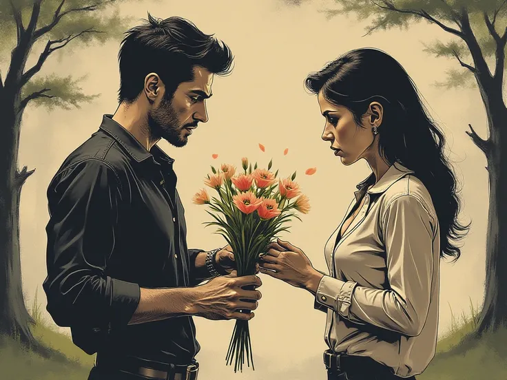 Man is giving flowers to the woman while she is turned back to him and ignoring him