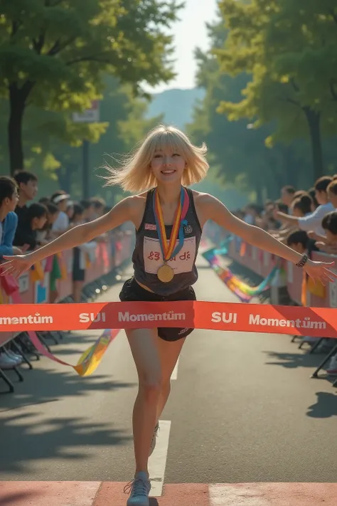 8k resolution photorealistic scene with surreal elements, a 16-17-year-old Japanese girl with a blonde bob haircut, brown almond eyes, and a bright, playful, mischievous smile, captured in profile from a dramatic side angle as she leans forward crossing th...