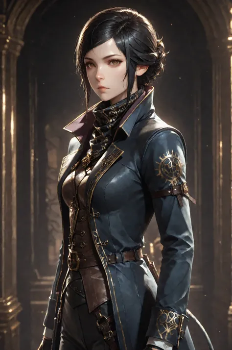 D2_Emily, 1girl, solo, brown eyes, eyesHD, high gradient eyes, detailed eyes, high definition eyes, E_short black hair, E_dark blue long coat, E_gold embroidery, E_asymmetrical coat tail, E_face scarf, purple inner lining, E_leather vest, black gloves,fing...