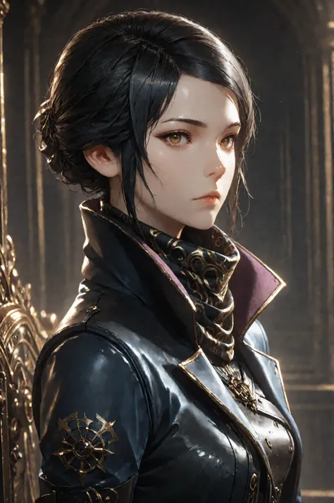 D2_Emily, 1girl, solo, brown eyes, eyesHD, high gradient eyes, detailed eyes, high definition eyes, E_short black hair, E_dark blue long coat, E_gold embroidery, E_asymmetrical coat tail, E_face scarf, purple inner lining, E_leather vest, black gloves,fing...