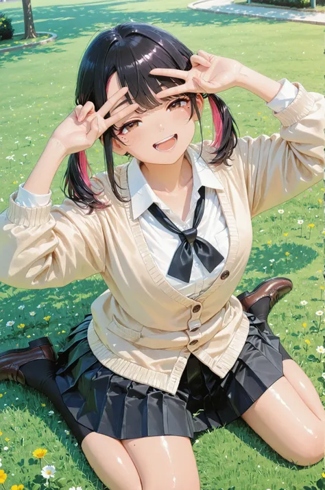 Beautiful girl, womanhood, solo, laughing, ((wariza:1.4, from above)), 4 fingers, (V over eyes), uniform, pleated skirt, white shirt, beige cardigan, shiny skin, park lawn, Highest Quality, Amazing Quality, illustration art, Professional Art, An oil painti...