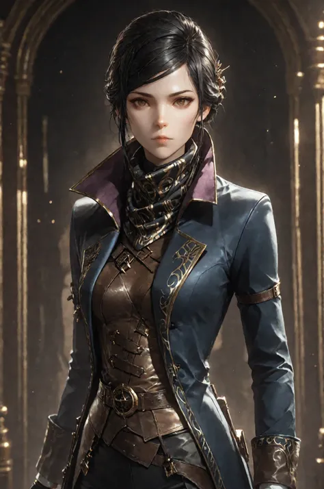 D2_Emily, 1girl, solo, brown eyes, eyesHD, high gradient eyes, detailed eyes, high definition eyes, E_short black hair, E_dark blue long coat, E_gold embroidery, E_asymmetrical coat tail, E_face scarf, purple inner lining, E_leather vest, black gloves,fing...
