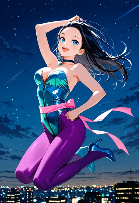  One girl ,rainbow high leg leotard,strapless leotard,front zipper leotard ,purple pantyhose,choker ,blue pendant , score_9, score_8_superior, score_7_superior, tying pink sash on hips,heels, long hair female,black hair,forehead ,rouge lips ,blue eyes ,blu...