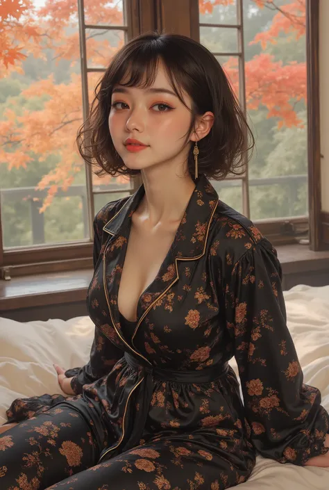 close-up、sitting on the bed in rococo style pajamas and stretching out while facing here with a smile、Oriental beauty with blond hair and black two-tone bob with only twirling bangs、highest quality、Outside the window is Momiji no Mori、