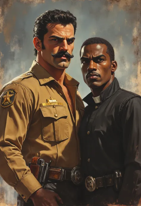 Mid-shot portrait of two men side-by-side in Neo Pulp-Vintage aesthetic, showcasing their distinct characteristics and physiques. On the left, a very muscular sheriff around 40 years old with rough masculine beauty, wearing a khaki uniform with a sheriff s...