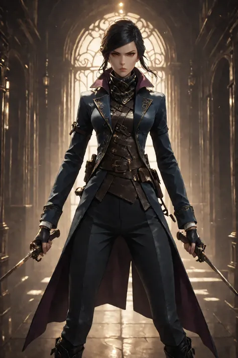 D2_Emily, 1girl, solo, brown eyes, detailed eyes image, E_short black hair, E_dark blue long coat, E_gold embroidery, E_asymmetrical coat, E_face scarf, purple inner lining, action pose, dynamic pose, Dynamic action, dynamic angles, dynamic perspective, d...