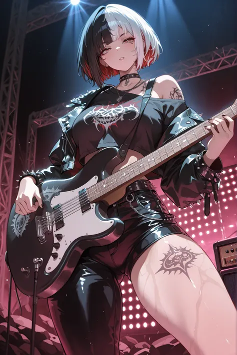 masterpiece, Highest Quality, great quality, very aesthetic, high resolution, super detailed, absurd, Newest,  solo, tattoo,rock singer,punk fashion,guitar,Split Tan,Two-tone Hair,Studs,leather,vocal,live stage,Cyber,