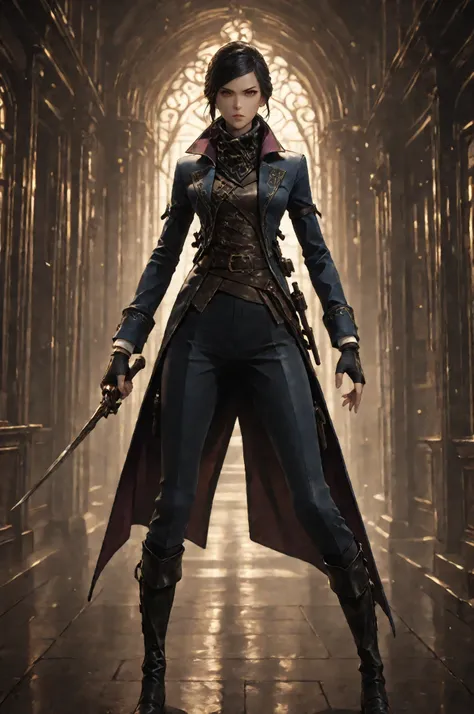 D2_Emily, 1girl, solo, brown eyes, detailed eyes image, E_short black hair, E_dark blue long coat, E_gold embroidery, E_asymmetrical coat, E_face scarf, purple inner lining, action pose, dynamic pose, Dynamic action, dynamic angles, dynamic perspective, d...