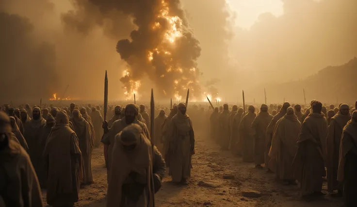 Israelite warriors screaming as the walls of Jericho collapse, stones and dust flying, golden light between the clouds, epic atmosphere, divine energy visible, biblical battle scene, photorealistic, 8K, dramatic lighting, cinematic realism.”