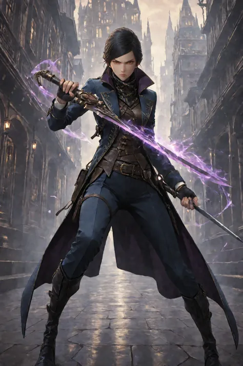 D2_Emily, 1girl, solo, brown eyes, detailed eyes image, E_short black hair, E_dark blue long coat, E_gold embroidery, E_asymmetrical coat, E_face scarf, purple inner lining, E_leather vest, black gloves, fingerless gloves white cuffs, E_pants, E_knee-high ...