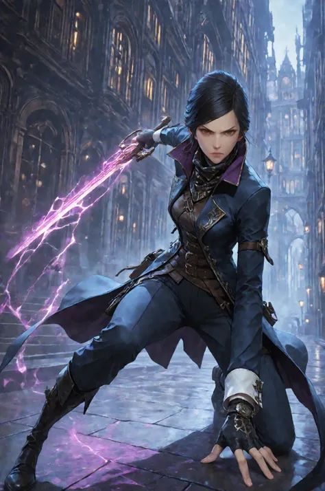 D2_Emily, 1girl, solo, brown eyes, detailed eyes image, E_short black hair, E_dark blue long coat, E_gold embroidery, E_asymmetrical coat, E_face scarf, purple inner lining, E_leather vest, black gloves, fingerless gloves white cuffs, E_pants, E_knee-high ...