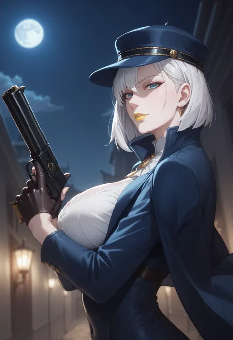 woman, large breasts, anime style, yellow lipstick, bright blue eyes, white hair, white skin, blue hat, white blouse, open blue suit, night, dark environment, looking at viewer, focus on character, chiaroscuro moon, holding a gun, side view, open arms, bla...