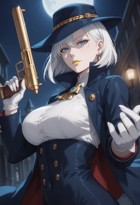 woman, large breasts, anime style, yellow lipstick, bright blue eyes, white hair, white skin, blue hat, white blouse, open blue suit, night, dark environment, looking at viewer, focus on character, chiaroscuro moon, holding a gun, side view, open arms, bla...