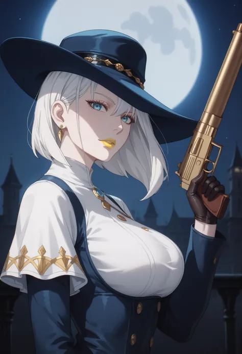 woman, large breasts, anime style, yellow lipstick, bright blue eyes, white hair, white skin, blue hat, white blouse, open blue suit, night, dark environment, looking at viewer, focus on character, chiaroscuro moon, holding a gun, side view, open arms, bla...
