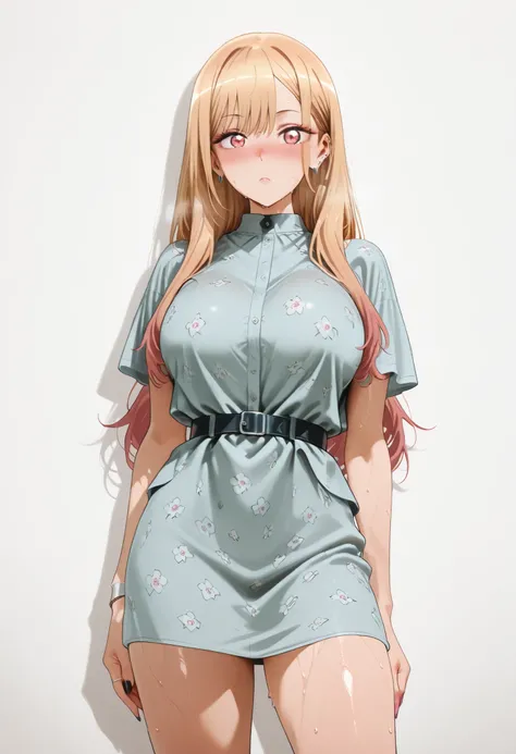 marin kitagawa, large breast, thic thigh,, multicolored hair, blonde hair, long hair, magenta eyes, ear piercing, earrings, pink nails, makeup,, nice legs, looking at viewer, solo, looking at viewer, nose blush, shiny legs, shiny body, shiny hair, clear sk...