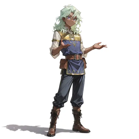 (male), ( boy), (slim body), (light green hair), (short wavy hair), (purple eyes), (clear glasses), (calm expression), (dark skin), (solo), (single character), (full body version), (white background), (no background), (highly detailed), (shadow), (standing...