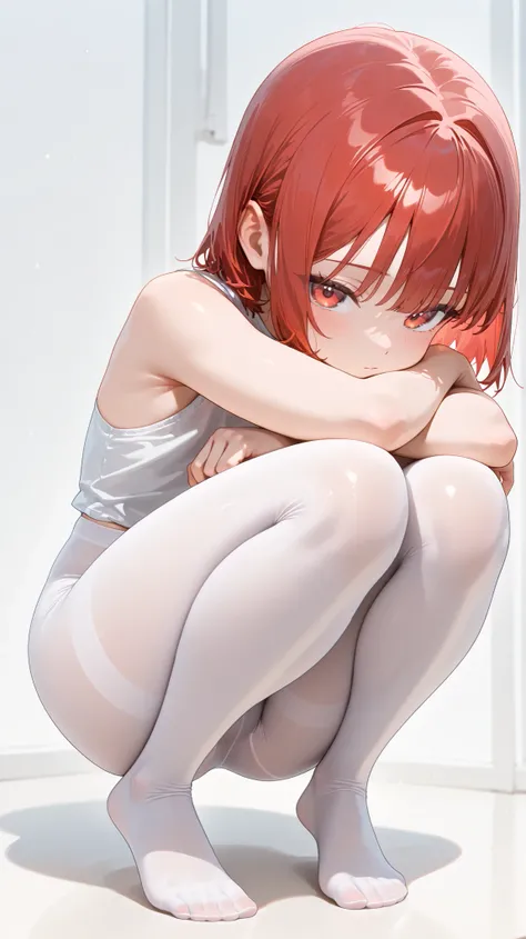 (Masterpiece,(Ultra High Quality),fine body),red hair, cute, short hair,Straight Hair,young,Short,Ultra HD,(Beautiful composition, ultra clear resolution,without underwear,Thighs,white pantyhose,without underwear,wide hips, crouching, front view, lean fo...