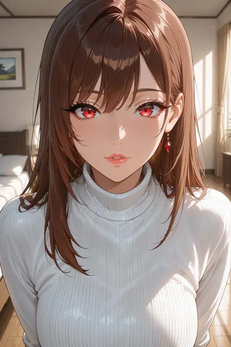 beautiful woman,long brown hair,Ultra details,Red Eyes,long eyelashes,very detailed ultra detailed lips,medidas 90-60-90,background of your living room,with a tight white sweater ,anime style,8K,Top quality,soft curves,perfect body