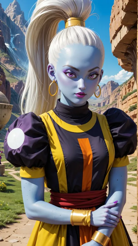 (masterpiece), best quality, expressive eyes, perfect face, solo vados , wearing earings,bangles, 30 year old women perfect breasts perfect thigs facing towards screen parted lips feminine figure body,blue_skin dragon_ball dragon_ball_super female hair_p...