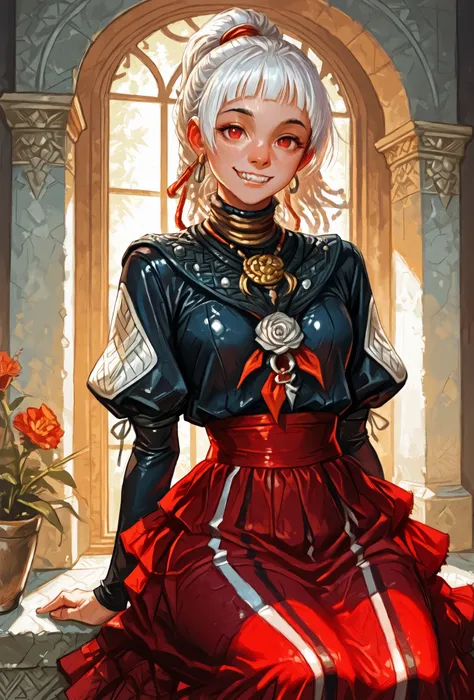 She looks like Elena from Street Fighter and has a horizontal scar across her nose. Inca girl with white dreadlocks with silver pearls and ponytail, red eyes, slanted Asian eyes, sharp canine teeth, black eyeliner, athletic body. Slender and athletic. Cute...