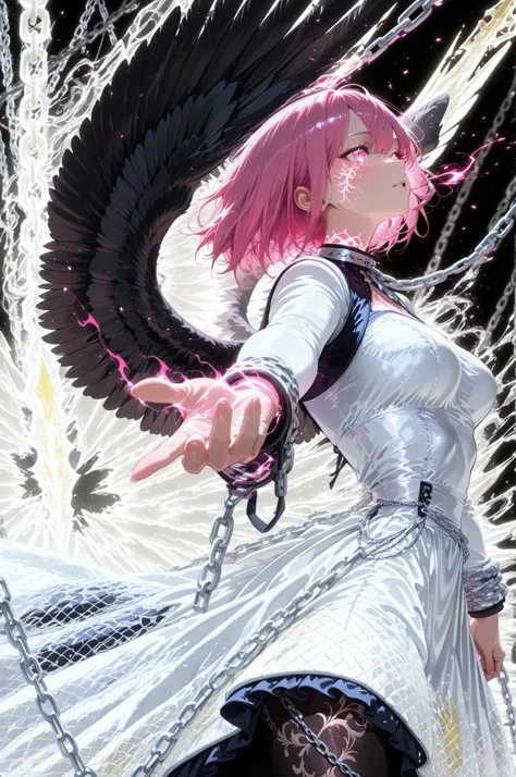 masterpiece, best quality, ultra detailed, highres, dynamic cinematic composition, viewed from side, (a black-skinned) beautiful woman with vivid pink hair and glowing pink eyes, wearing (a navy  dress), the dress fluttering violently in the wind, large (b...