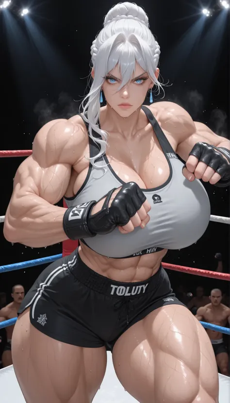 white hair, long hair, braid, braided bun, single hair bun, hair between eyes, blue eyes, 1girl, solo, earrings, jewelry, collarbone, looking at viewer 
fingerless gloves, black gloves, huge breasts, thick muscular thighs, wide curvy hips, voluptuous body,...