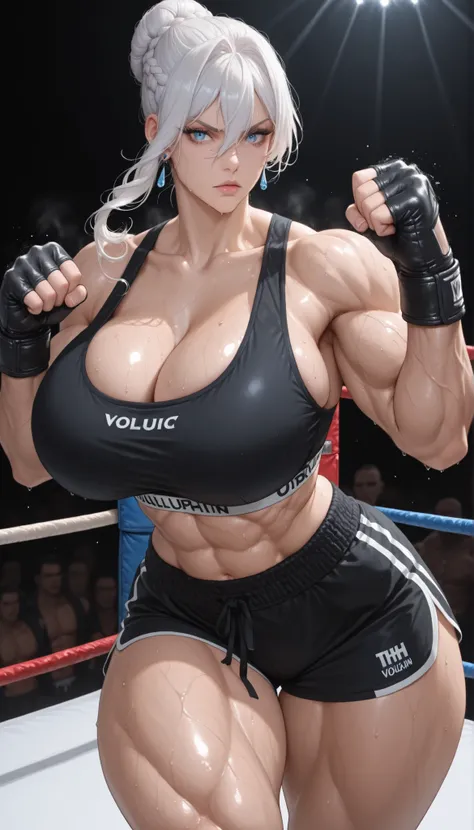 white hair, long hair, braid, braided bun, single hair bun, hair between eyes, blue eyes, 1girl, solo, earrings, jewelry, collarbone, looking at viewer 
fingerless gloves, black gloves, huge breasts, thick muscular thighs, wide curvy hips, voluptuous body,...